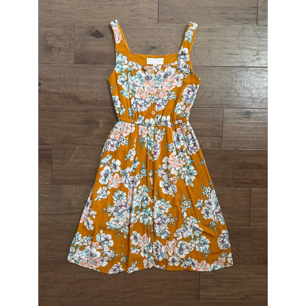 Superfoxx Mustard Yellow Floral Button Front Mini Dress‎ XS Square Neck